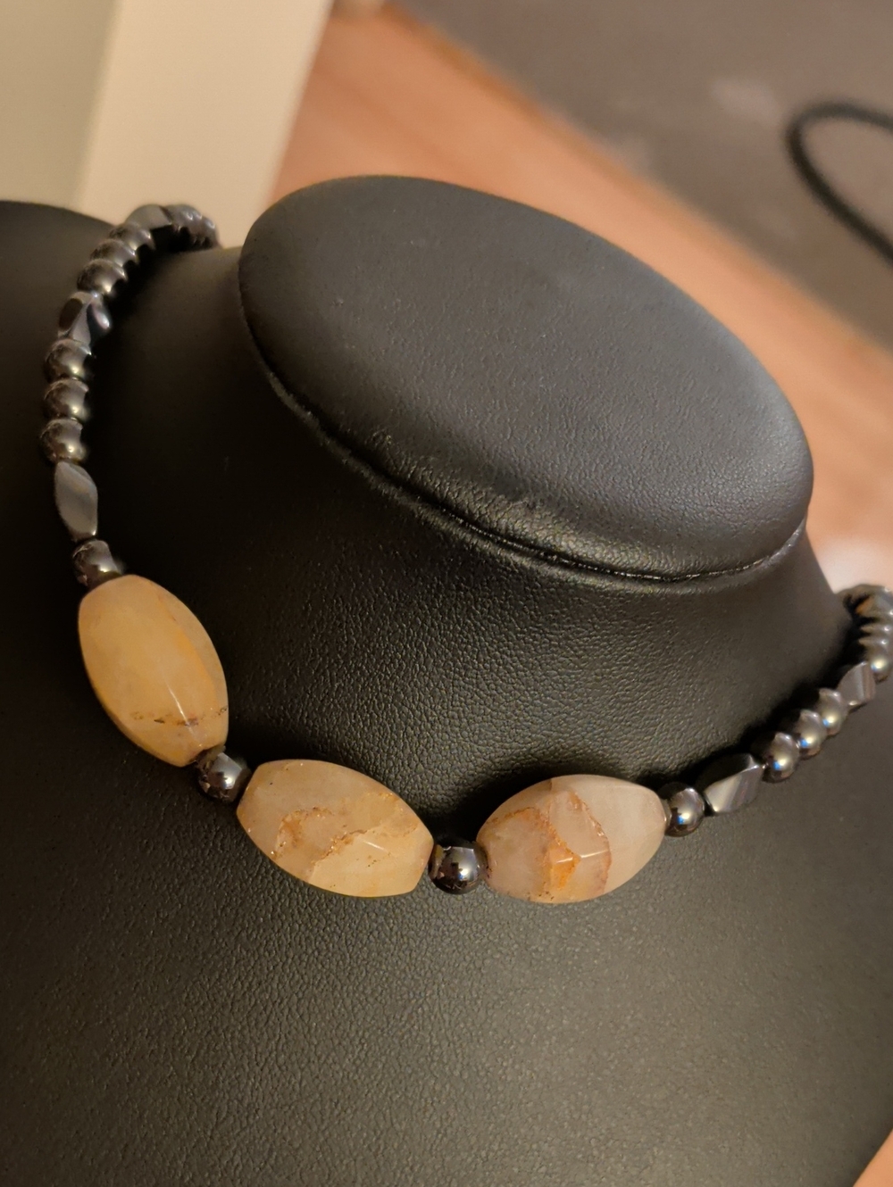 3 Agate Beads Hematite Beaded Necklace 18" Long